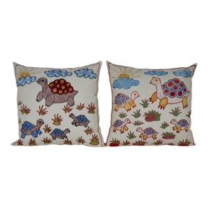 Boho Suzani Turtle Pillow Covers, Embroidered Cotton Cushion Set