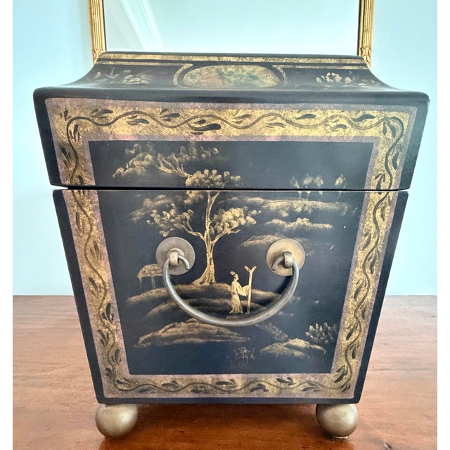 2010s Large Regency Style Black and Gold Chinoiserie Decorated Box For Sale - Image 5 of 12