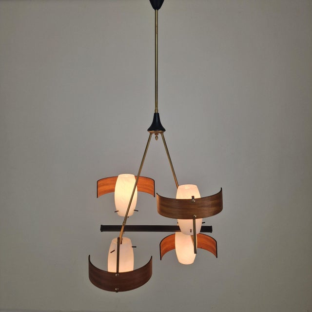 1950s Mid-Century Italian Brass, Teak and Opaline Glass Chandelier attributed to Stilnovo, 1960s For Sale - Image 5 of 14