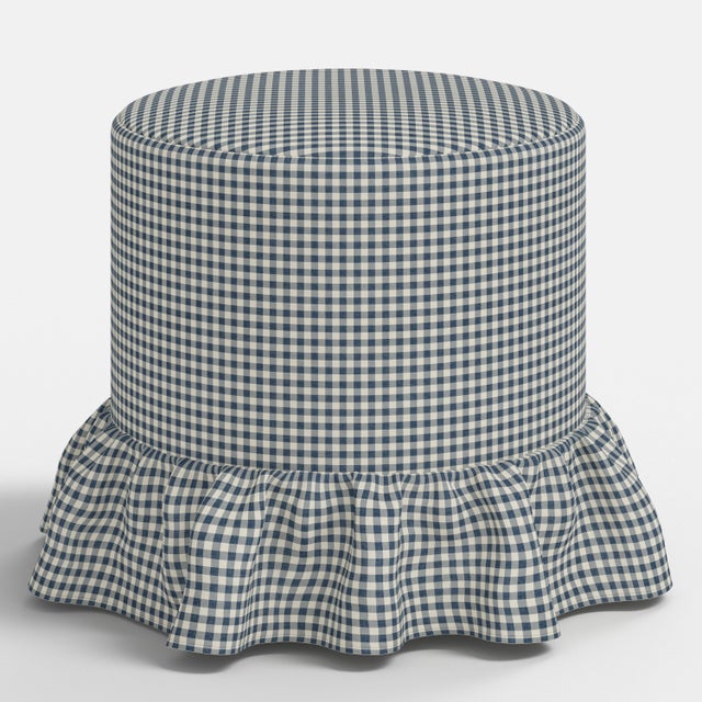 Spritely Home Stoffer Home x Cloth & Company Bernadette Ruffle Drum Ottoman in Denim Blue Mini Gingham For Sale - Image 4 of 4