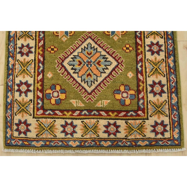 Textile Kazak Runner 2’1” X 5’11” Green Wool Tribal Hand-Knotted Oriental Rug For Sale - Image 7 of 10