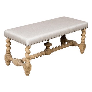 Early 20th Century English Turn of the Century Bleached Wood Barley Twist Bench with Upholstery For Sale