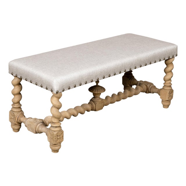 Early 20th Century English Turn of the Century Bleached Wood Barley Twist Bench with Upholstery For Sale