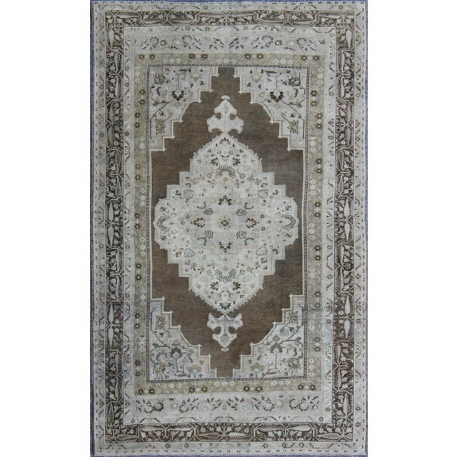 Textile Vintage Turkish Oushak Long Rug With Medallion in Brown, Green & Neutral Colors For Sale - Image 7 of 7