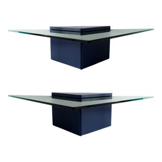 Lacquered Modern Triangle Coffee Tables With Glass, in Deep Midnight Blue 2 Aailable For Sale