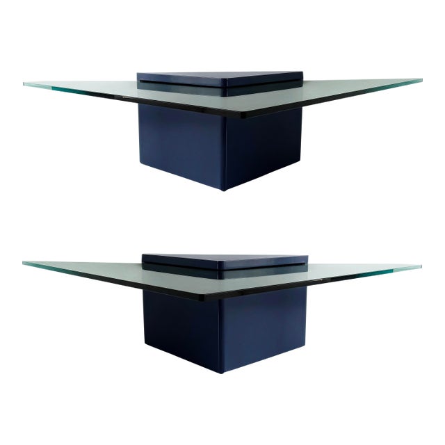 Lacquered Modern Triangle Coffee Tables With Glass, in Deep Midnight Blue 2 Aailable For Sale