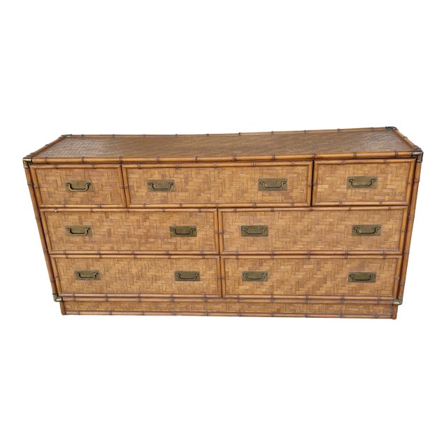 1980s Faux Bamboo Woven Reed Campaign-Style Dresser For Sale