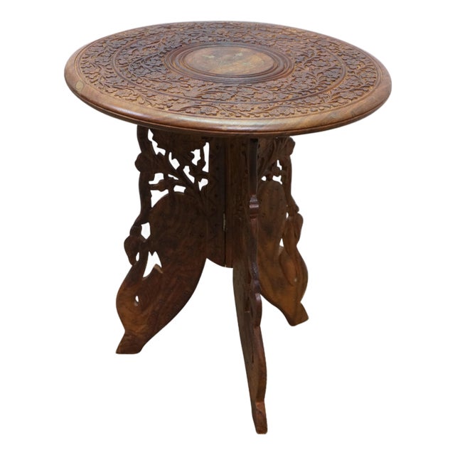 Vintage Anglo Indian Carved Folding Pedestal Table Plant Stand 16" For Sale