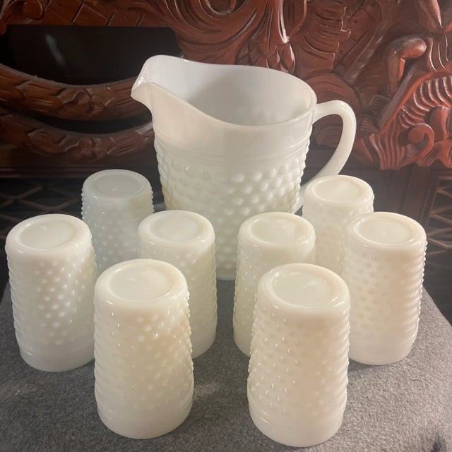 Vintage Milk Glass Lemonade Set, Hobnail Glass Pitcher & Tumblers by