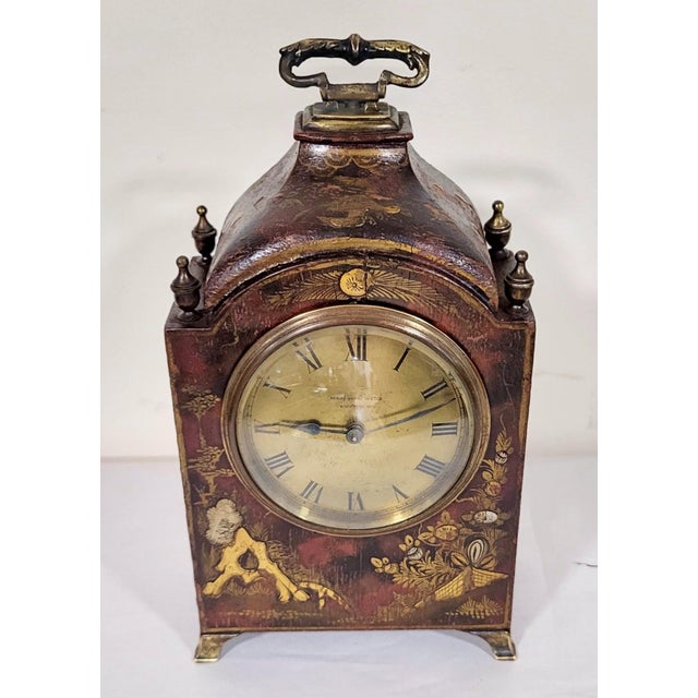 Chinoiserie Antique English Bronze & Chinoiserie Painted Shelf Clock by Mappin & Webb For Sale - Image 3 of 18