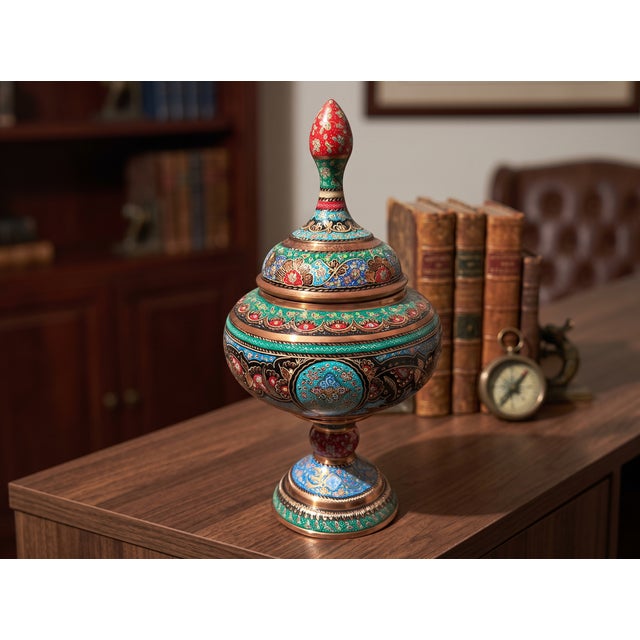 Vintage Hand Painted Copper Pedestal Urn For Sale - Image 4 of 12