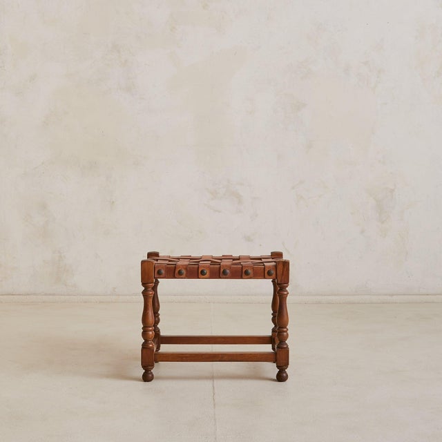 Spanish Oak + Woven Cognac Leather Stool, 1950s - 2 Available For Sale - Image 4 of 11