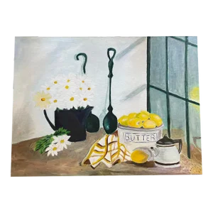 Mid 20th Century Original Painting of Still Life With Daisies and Lemons