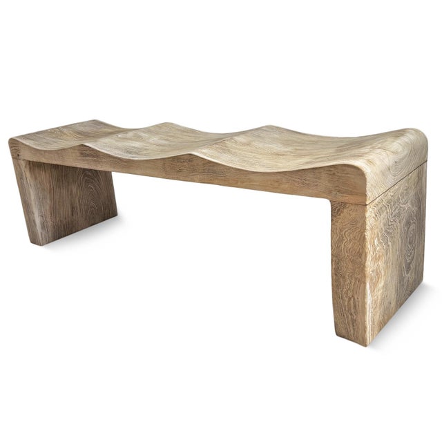 2020s Washed Teak Wave Coastal Conetmporary Bench For Sale - Image 5 of 7
