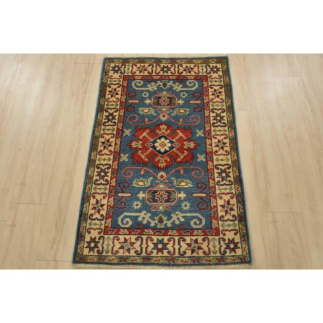 Farmhouse Kazak Rug 2’9” X 4’2” Blue Wool Tribal Hand-Knotted Oriental Carpet For Sale - Image 3 of 10