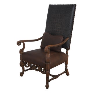 Century Leather & Wood High Back Armchair For Sale
