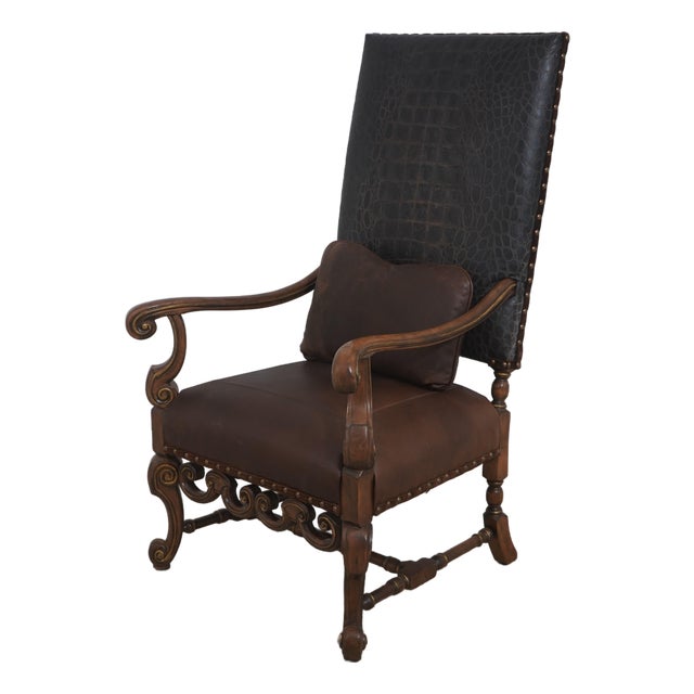 Century Leather & Wood High Back Armchair For Sale