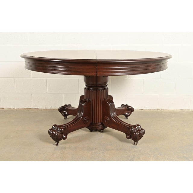 Victorian R. J. Horner Antique Victorian Carved Mahogany Split Pedestal Extension Dining Table With Lion Paw Feet, Newly Refinished For Sale - Image 3 of 12