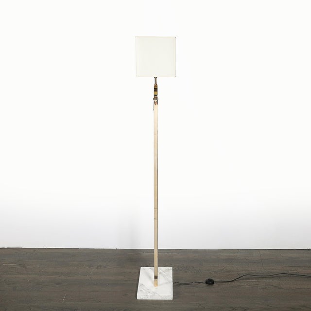 Mid-Century Brass Arch Floor Lamp W/ Textured Glass Medallion & White Marble For Sale - Image 9 of 13