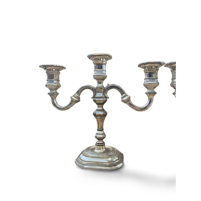 Pair of three-light silver-plated metal candelabra. German work, as evidenced by the BMF hallmark on the silver plating...
