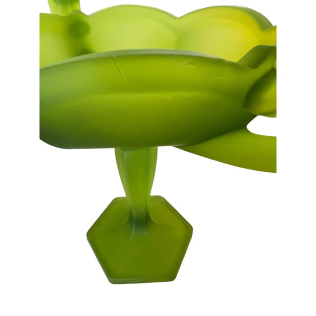 Vintage Green Satin Mist Frosted Glass Open Compote Dish for Candy/ Soaps; Footed Double-Handled For Sale - Image 9 of 9