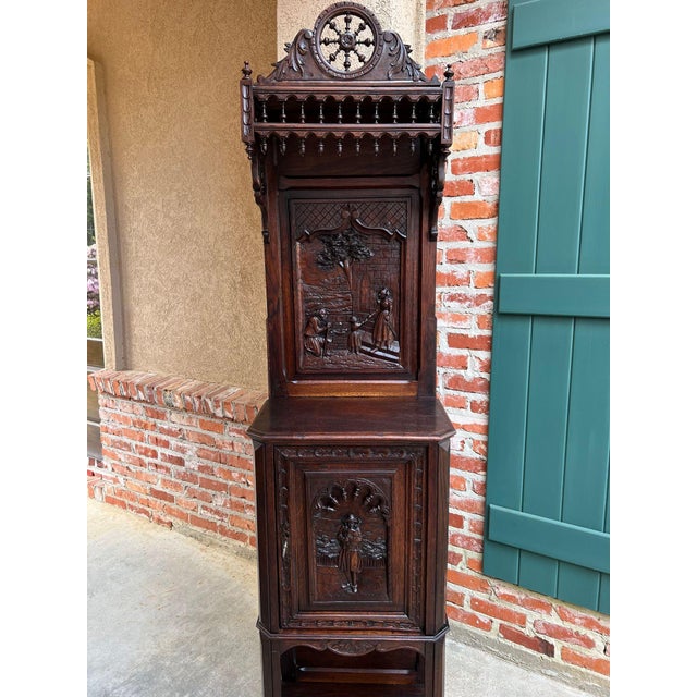 Antique French Breton Hall Cabinet Tall Narrow Carved Crown Bookcase C1880 For Sale - Image 4 of 18