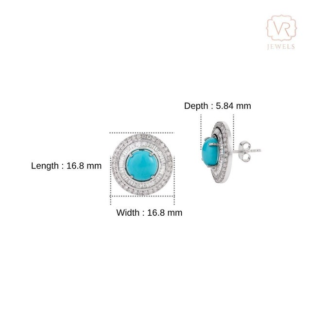 14k Gold 3.14ct Turquoise Cabochon & Diamond Double Halo Stud Earrings- A Pair For Sale - Image 11 of 15