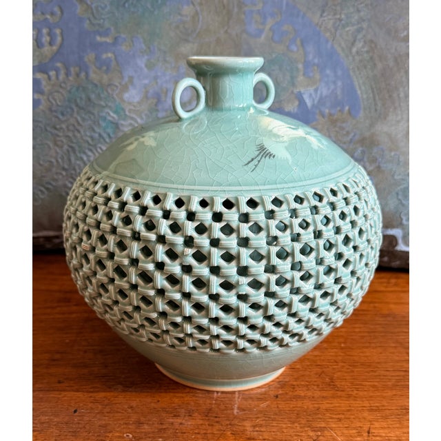 1960s Celadon Glaze Reticulated Vase For Sale - Image 5 of 9