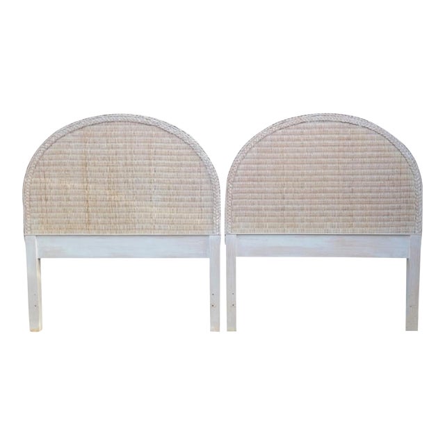 Vintage White Washed Oval Arched Braided Edge Wicker Coastal Regency Twin Size Headboards- a Pair For Sale