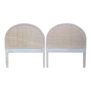 Vintage White Washed Oval Arched Braided Edge Wicker Coastal Regency Twin Size Headboards- a Pair