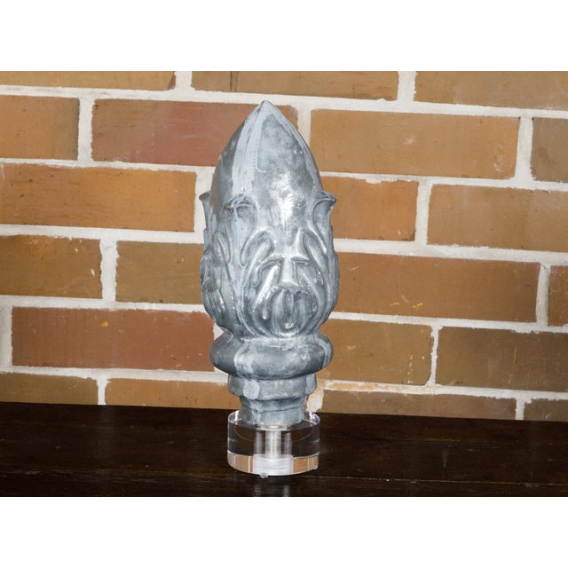 Early 20th Century Zinc Crowned Acorn 1920s Decorative Element Mounted on Circular Lucite Base For Sale - Image 5 of 12