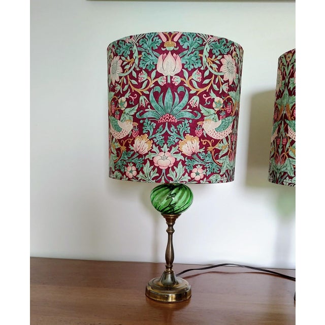 1950s Pair of Vintage Green Globe Lamps With William Morris Shades For Sale - Image 5 of 10