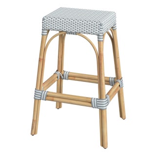 Robias 30 in. Seat Height Rectangular Rattan Backless Bar Stool, White/Sky Blue Dot / Natural Rattan Frame For Sale