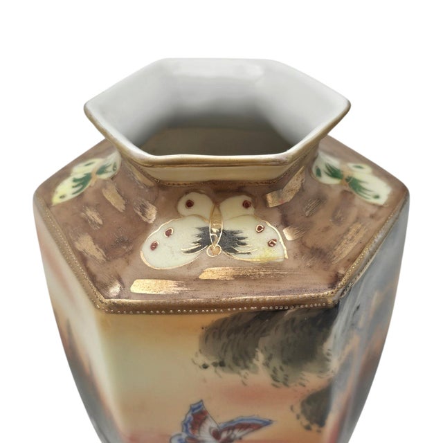 Pair Antique Nippon Imperial Mark Hand Painted Landscape Vases Moriage Gilt Porcelain 9.5” For Sale - Image 9 of 18