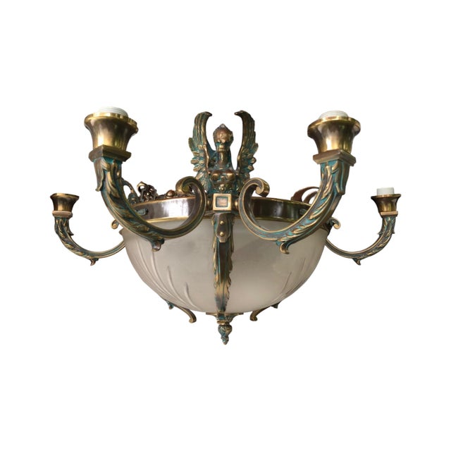 Art Deco 1960s Empire French-Style Brass Chandelier, Frosted Glass Bowl & Three Griffins For Sale - Image 3 of 7