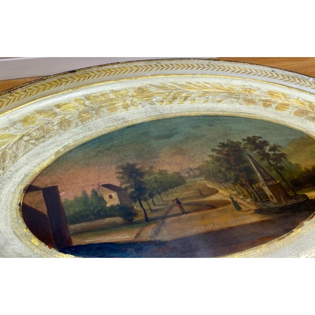 Hand Painted European Garden Scene on Metal Tray on Stand with Glass Insert C.1940 For Sale In San Francisco - Image 6 of 8