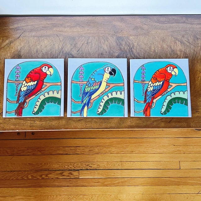Vintage California Studio Pottery Tiles Depicting Fish, Parrots and 1920s Pattern, a Set of 6 Pacific Blue Tile Company -...