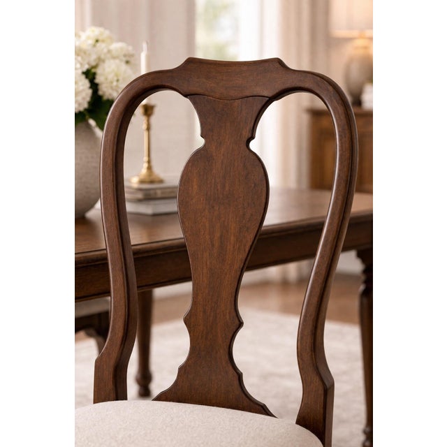 Set of Six Queen Anne Style Dining Chairs in Old Chapel Satin Walnut With Designer Ivory Linen Upholstery For Sale In Los Angeles - Image 6 of 9
