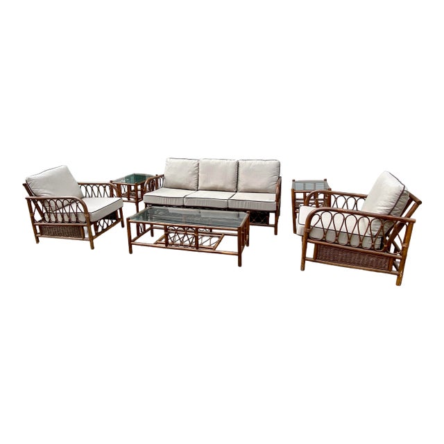 Mid 20th Century Six Piece Rattan Bamboo Patio Seating Set For Sale