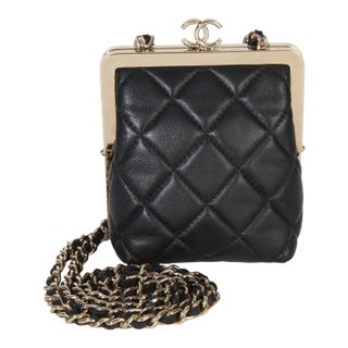 Black Quilted Lambskin CC Frame Clutch With Chain For Sale