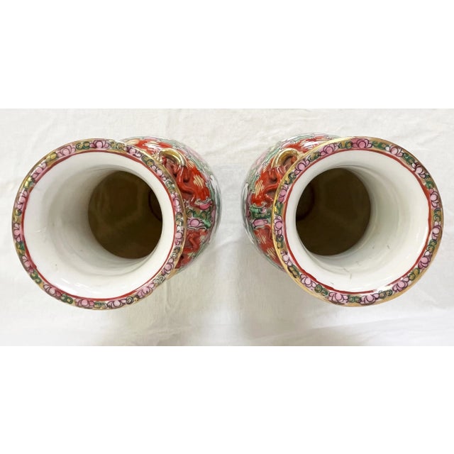 Mid-Century Modern Mid Century Asian Famille Rose Vases of Hand Painted Porcelain With Gold Accents- a Pair For Sale - Image 3 of 12