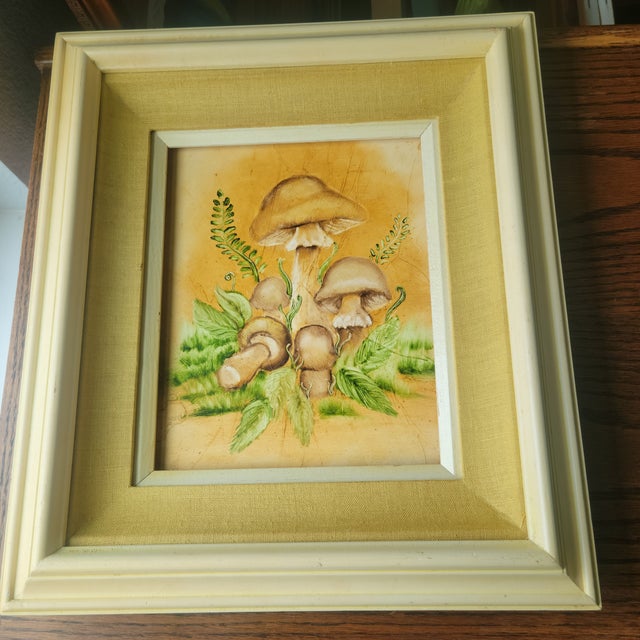 1970’s Retro Vintage Mushroom Yellow Wood Framed & Matted Print Picture 14 X 16 For Sale - Image 9 of 15