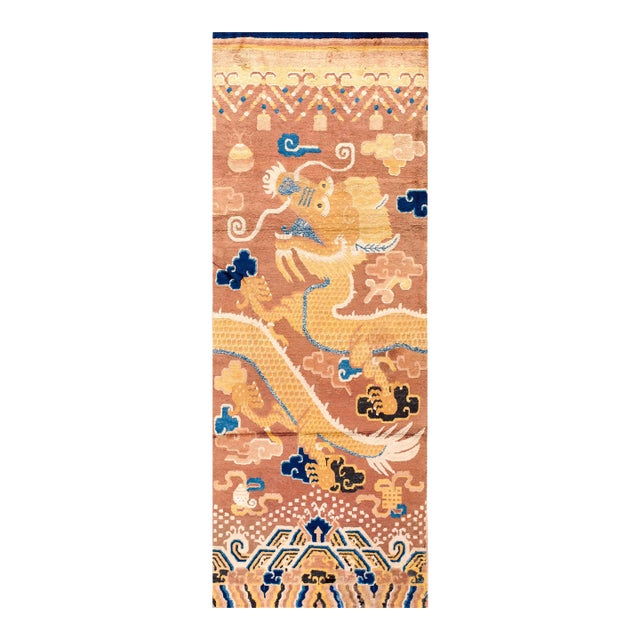 1820s Yellow Dragon Antique Chinese Ningxia Pillar Rug 3'4" X 8'8" Handknotted Wool Carpet For Sale