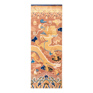 1820s Yellow Dragon Antique Chinese Ningxia Pillar Rug 3'4" X 8'8" Handknotted Wool Carpet