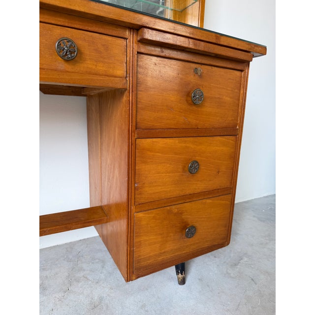 Mid-Century Modern 1950’s Mid-Century Modern Solid Wood Desk With Glass Top and Wall Mounted Display Shelf For Sale - Image 3 of 12