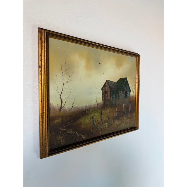 Charming vintage oil on canvas by Lee Sound, depicting a rural landscape with a weathered barn, bare trees, fence line,...