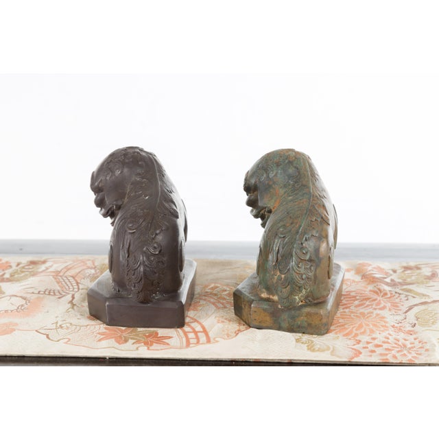 Mid 20th Century Vintage Lost Wax Cast Bronze Foo Dog Sculptures with Bronze or Verde Patina For Sale - Image 5 of 12