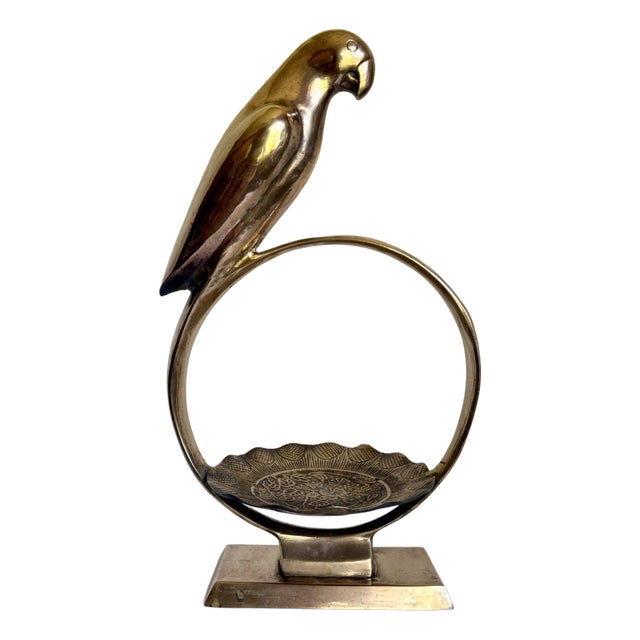 Vintage Brass Parrot and Diplay Catchall Sculptural Decor For Sale