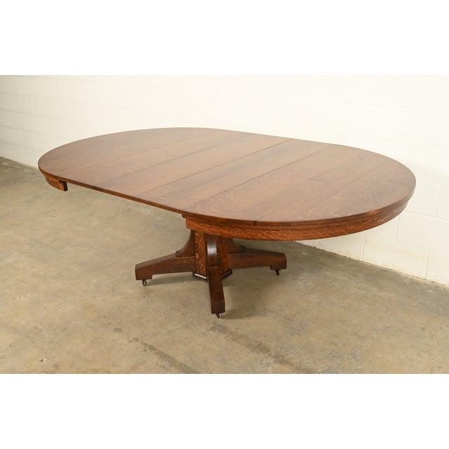 Brown Stickley Brothers Style Antique Mission Oak Arts & Crafts Pedestal Extension Dining Table, Newly Refinished For Sale - Image 8 of 13