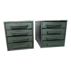 Mid-Century Teal Gray Metal Industrial Desktop Drawers Chests- Set of 2